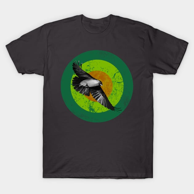 Raven Flight - retro style illustration in green tones T-Shirt by DyrkWyst